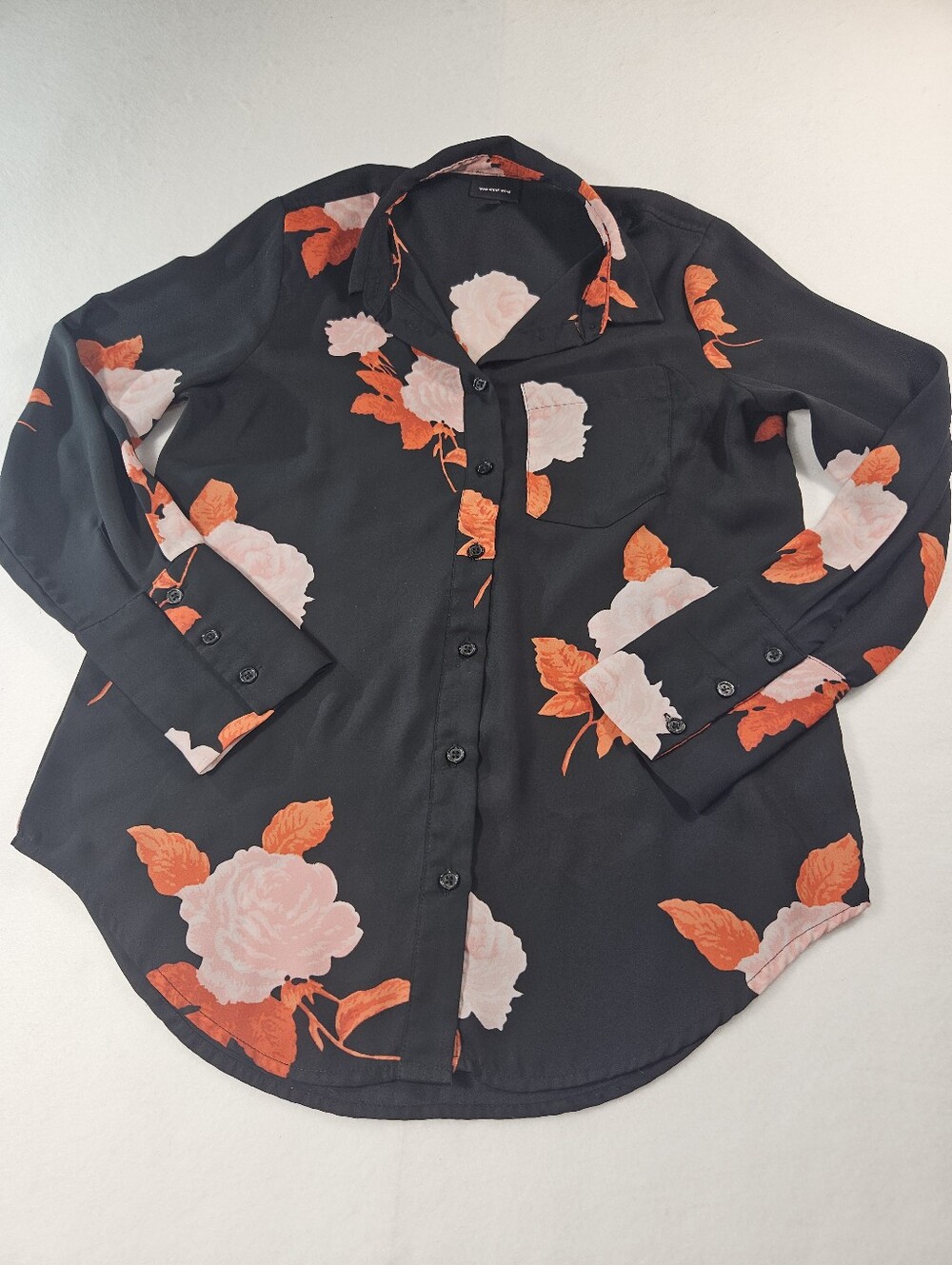 Who What Wear Black Button-Down Shirt with Pink & Orange Floral Print- Size S
